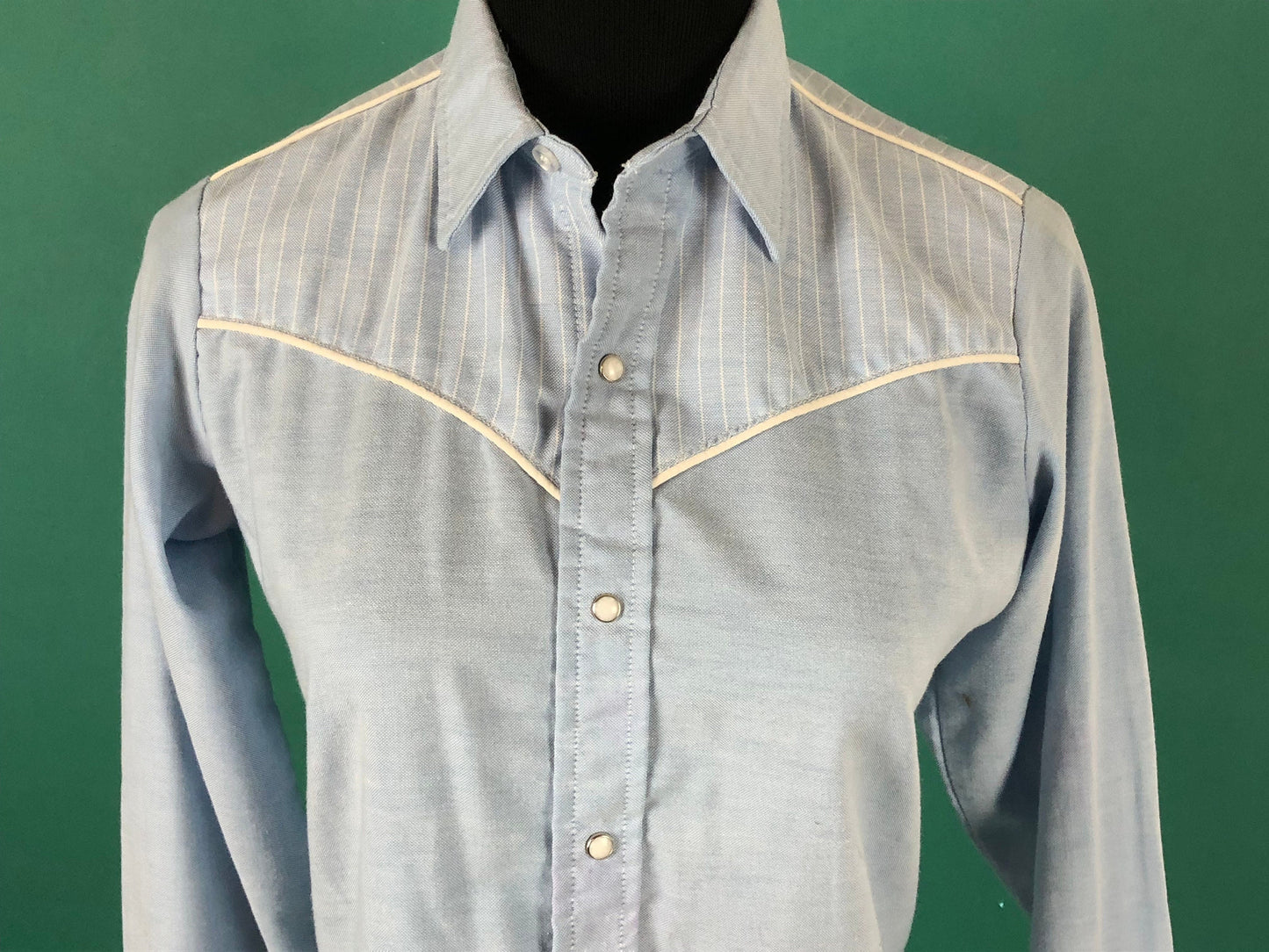 Levis Strauss Denim Blue and White Vintage 70s Striped Long Sleeve Snap Button Collared Button Down size XS
