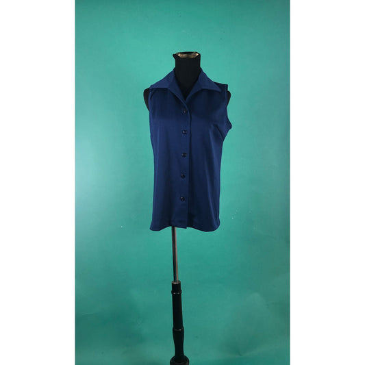 Navy Blue Wingtip Vintage 70s Sleeveless Collared Button Down Western Tank Top size Medium