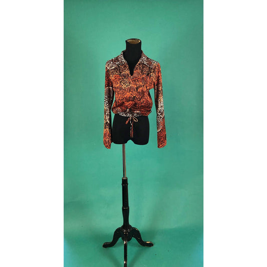 Abstract Bell Long Sleeve Vintage 70s Drawstring Wingtip Collared Disco Boho Blouse Top size Small