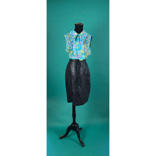 Black Leather Skirt Vintage 80s Lela Leather High Waisted Pencil Knee Length Club skirt size Small
