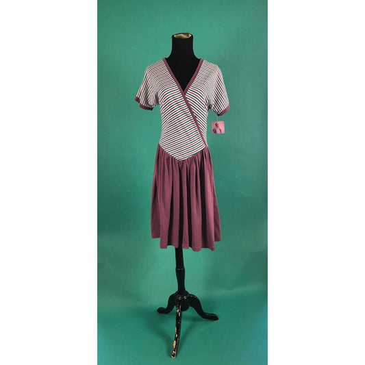 Striped Deep V Drop Waist Vintage 80s Short Sleeve Ruffle Midi Dress Size Medium