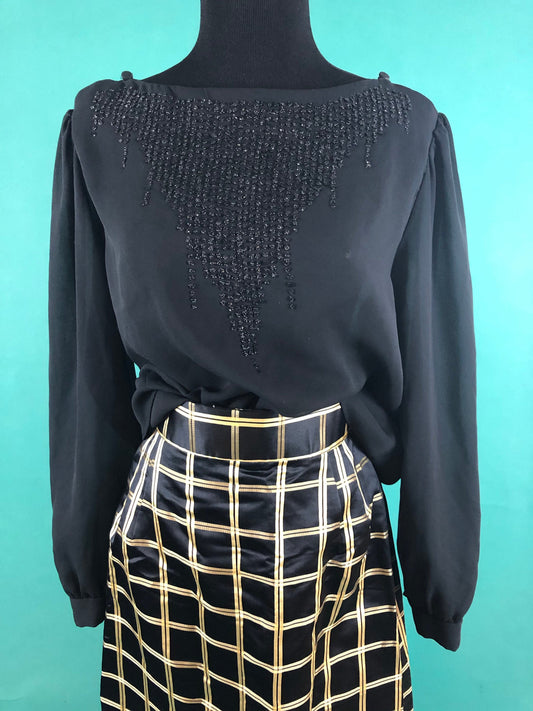 Sheer Black Blouse Vintage 90s Shoulder Keyhole Button Quarter Sleeve Applique Top size 14