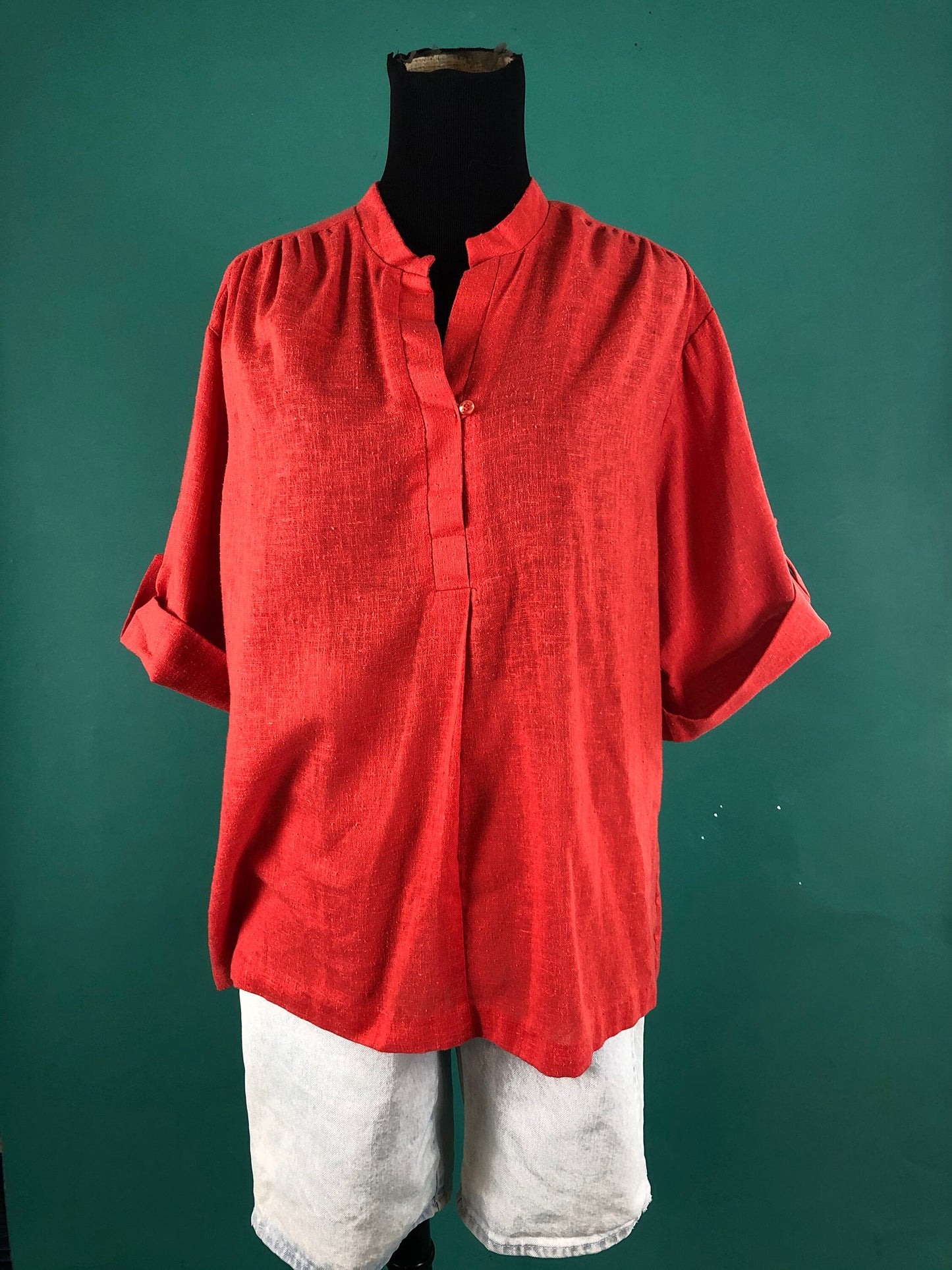 Red Casual Blouse Vintage 70s Avon Comfy Cuffed Quarter Sleeve V Neck Batwing Gardening Top size Medium