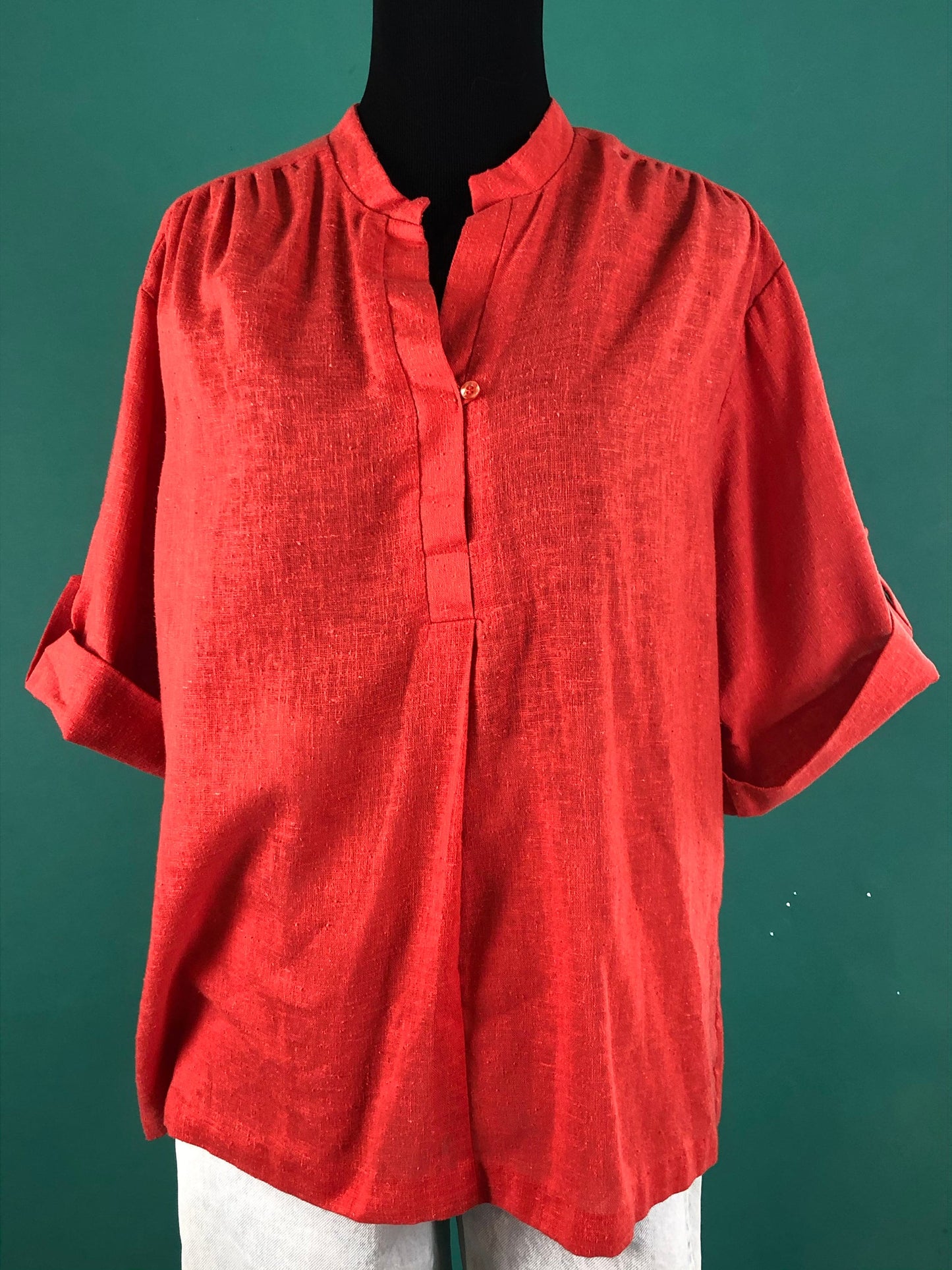 Red Casual Blouse Vintage 70s Avon Comfy Cuffed Quarter Sleeve V Neck Batwing Gardening Top size Medium