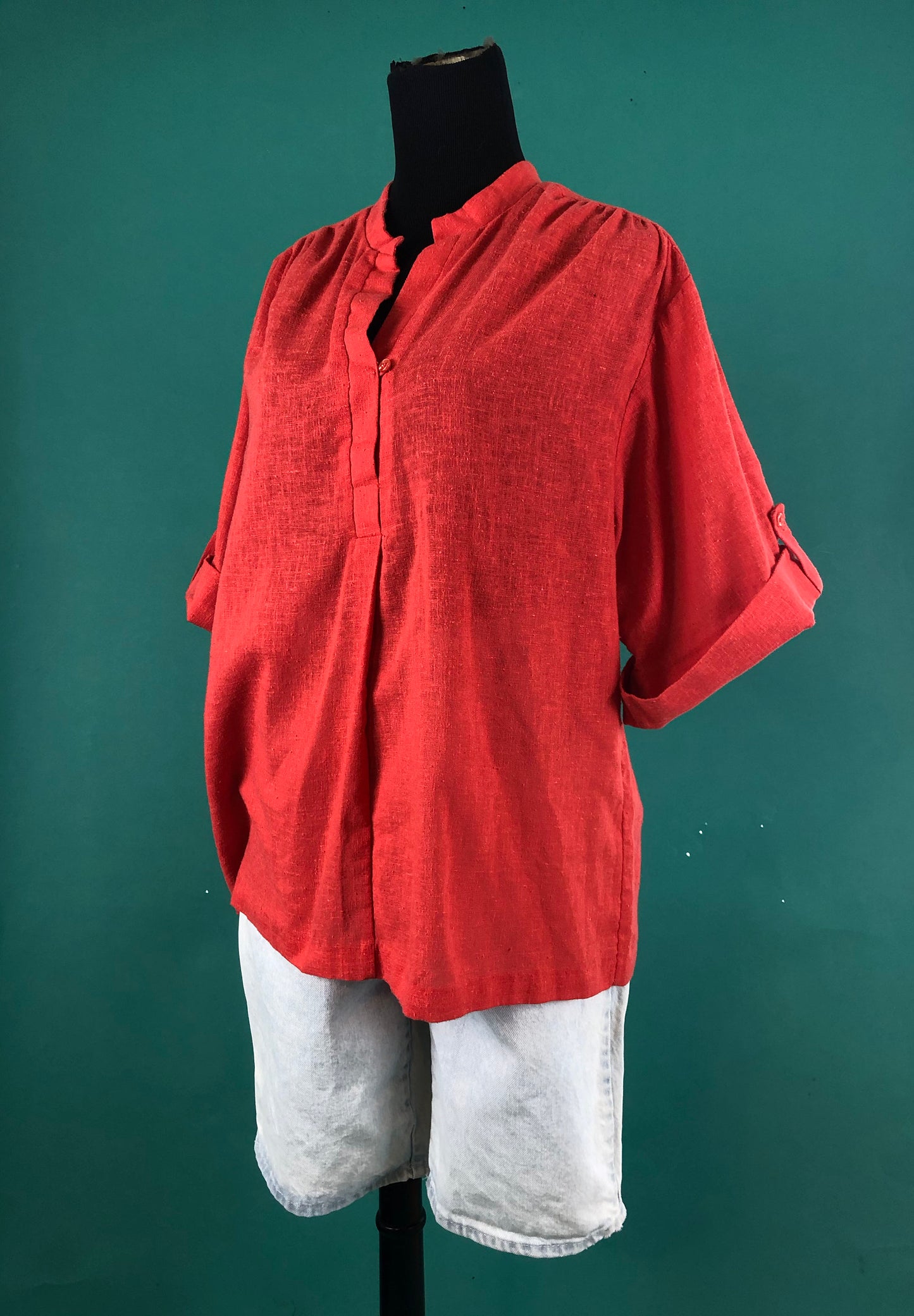 Red Casual Blouse Vintage 70s Avon Comfy Cuffed Quarter Sleeve V Neck Batwing Gardening Top size Medium
