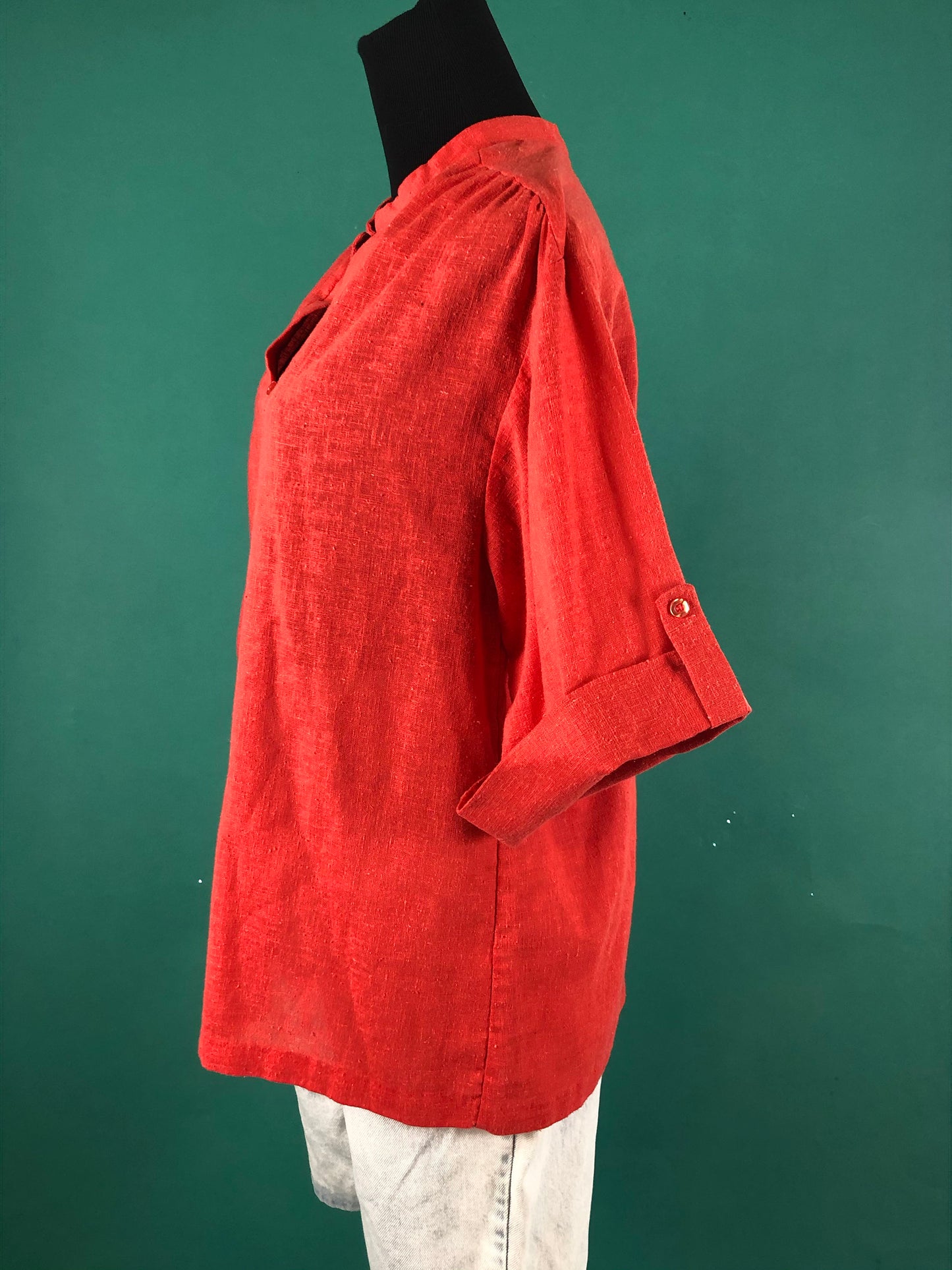 Red Casual Blouse Vintage 70s Avon Comfy Cuffed Quarter Sleeve V Neck Batwing Gardening Top size Medium