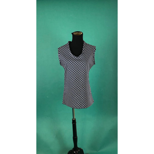 Navy and White Polka Dot Vintage 60s V Neck Polyester Mod Retro Sleeveless Muscle T Tank Top size Medium