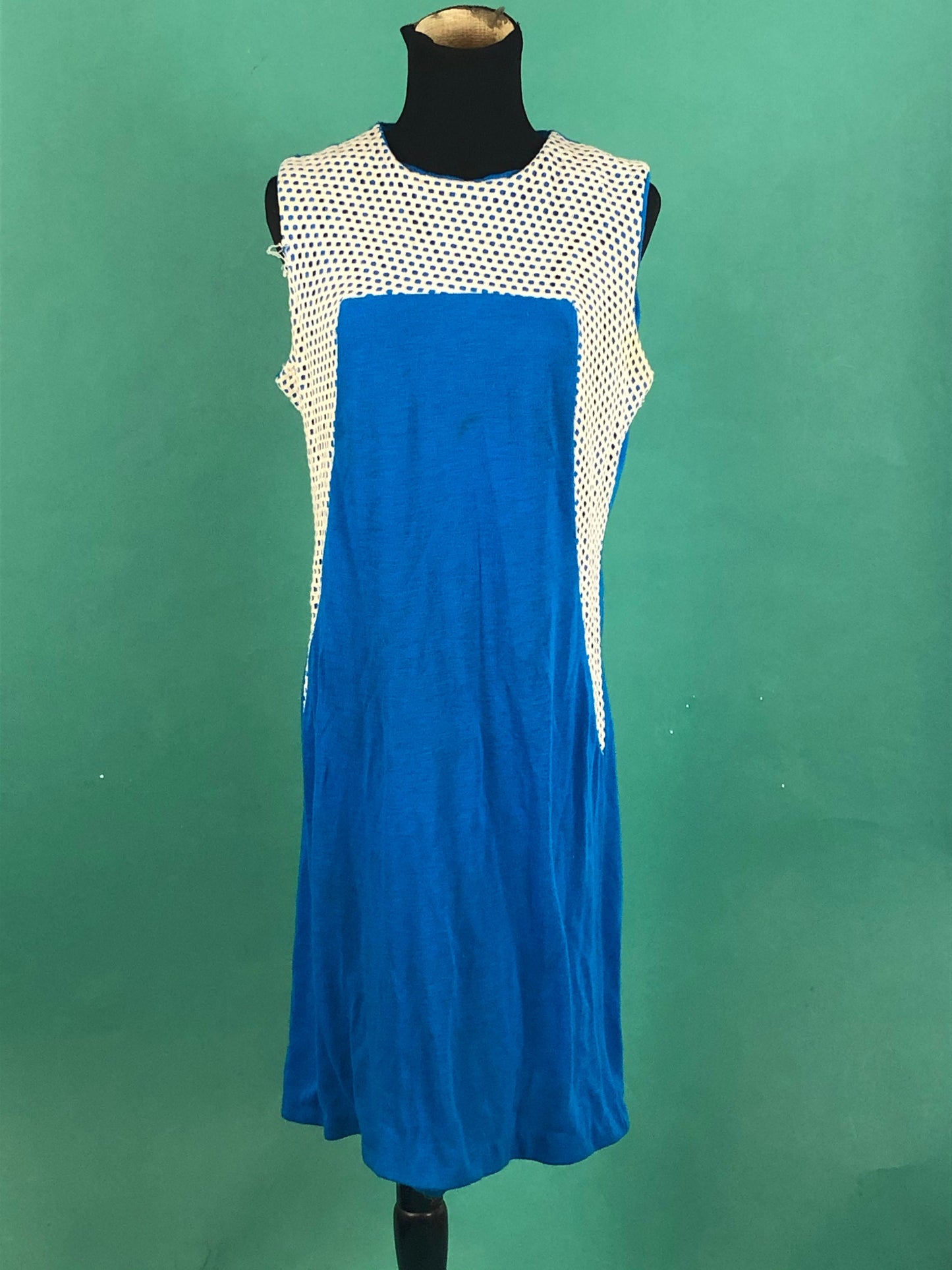 Electric Blue and White Netted Collar Vintage 70s Shoulder Sleeveless Comfy Casual Summer Space Girl Dress size Medium