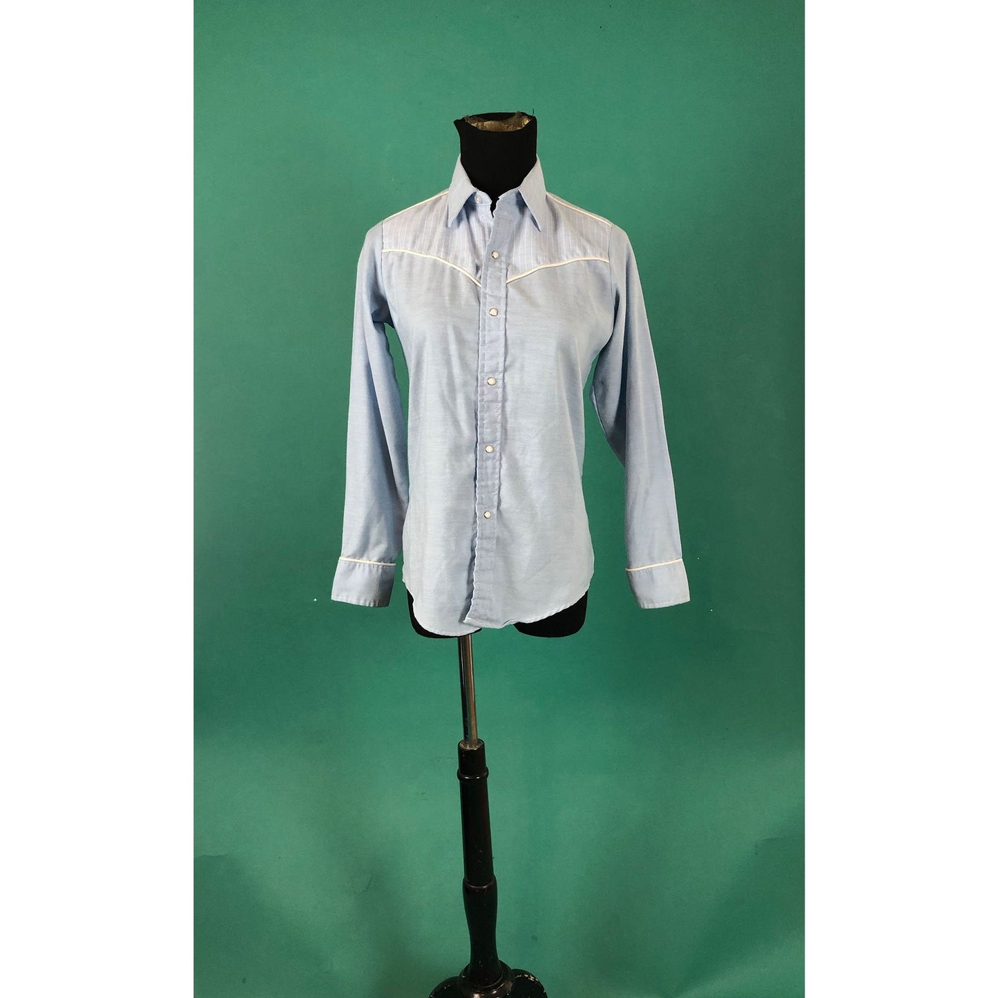 Levis Strauss Denim Blue and White Vintage 70s Striped Long Sleeve Snap Button Collared Button Down size XS