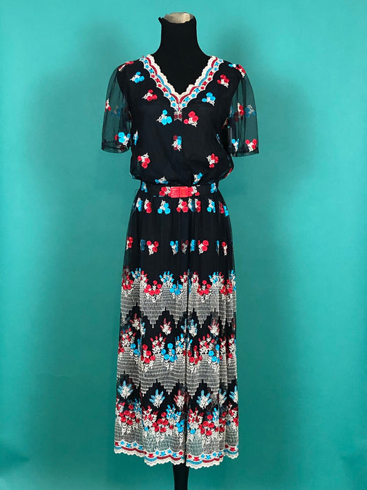 Vintage 1980s 80s Gorgeous Sheer Slip Lined Embroidered Lace Blue Red Floral V neck Short Sleeve Belt Blouson Calf Length Dress size Medium