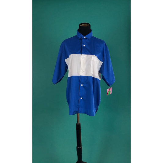 Royal Blue and White Stripe Vintage 80s Poly Cotton Short Sleeve Button Down Collared Pocket Light Casual Oxford Shirt size Medium