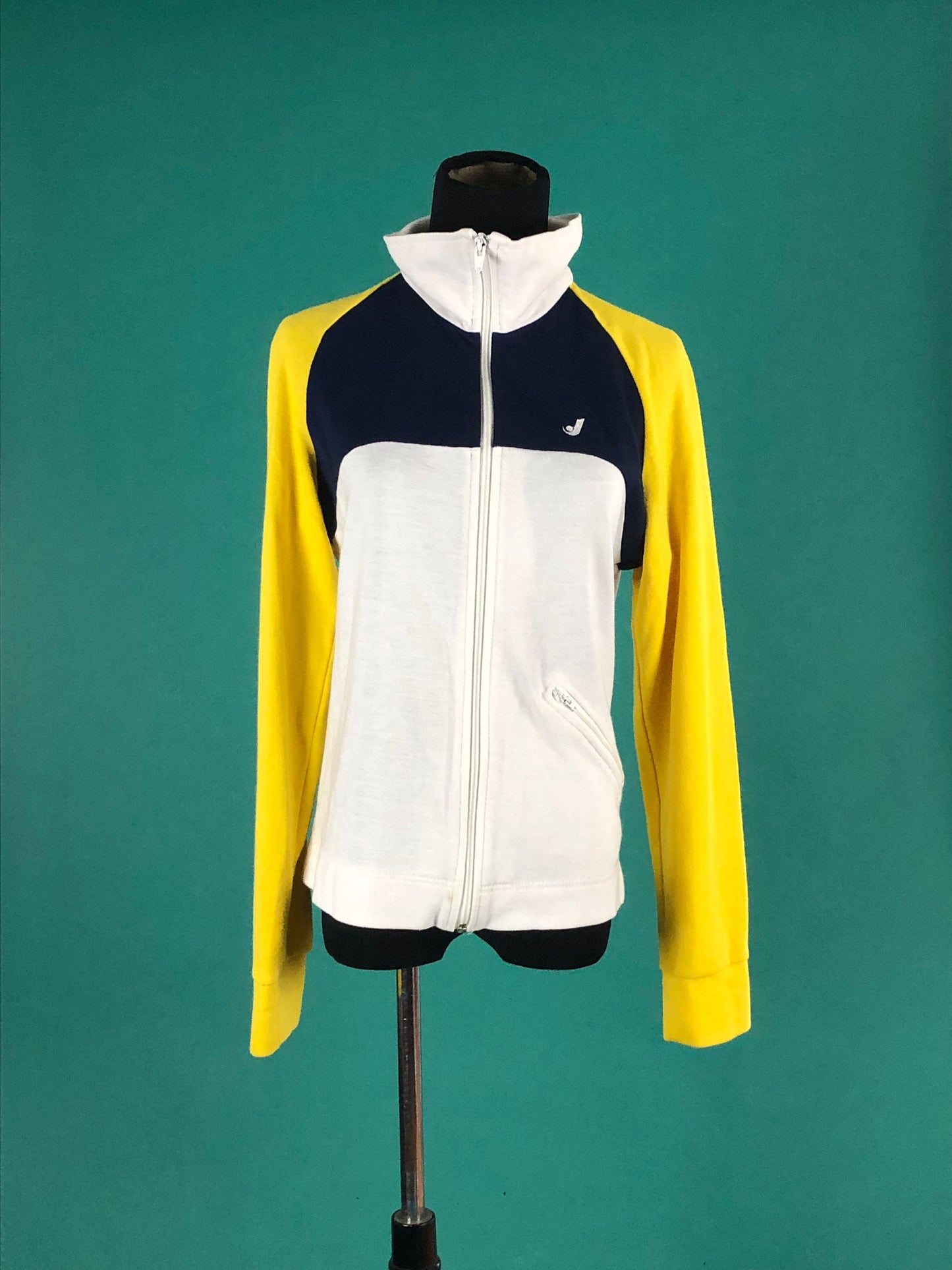 Blue Yellow and White Zip Up Jantzen Vintage 70s Athletic Cotton Warm Up Track Jacket size Medium