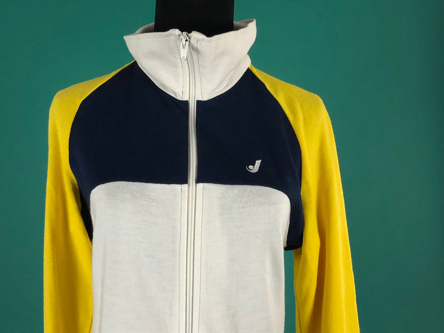 Blue Yellow and White Zip Up Jantzen Vintage 70s Athletic Cotton Warm Up Track Jacket size Medium