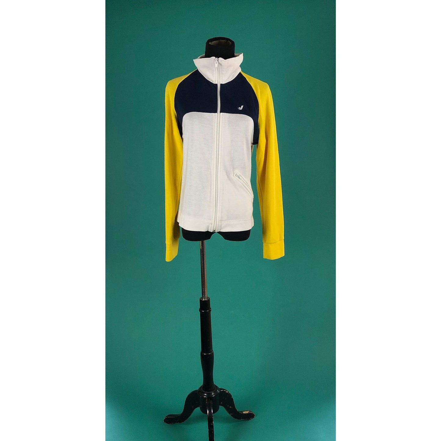 Blue Yellow and White Zip Up Jantzen Vintage 70s Athletic Cotton Warm Up Track Jacket size Medium