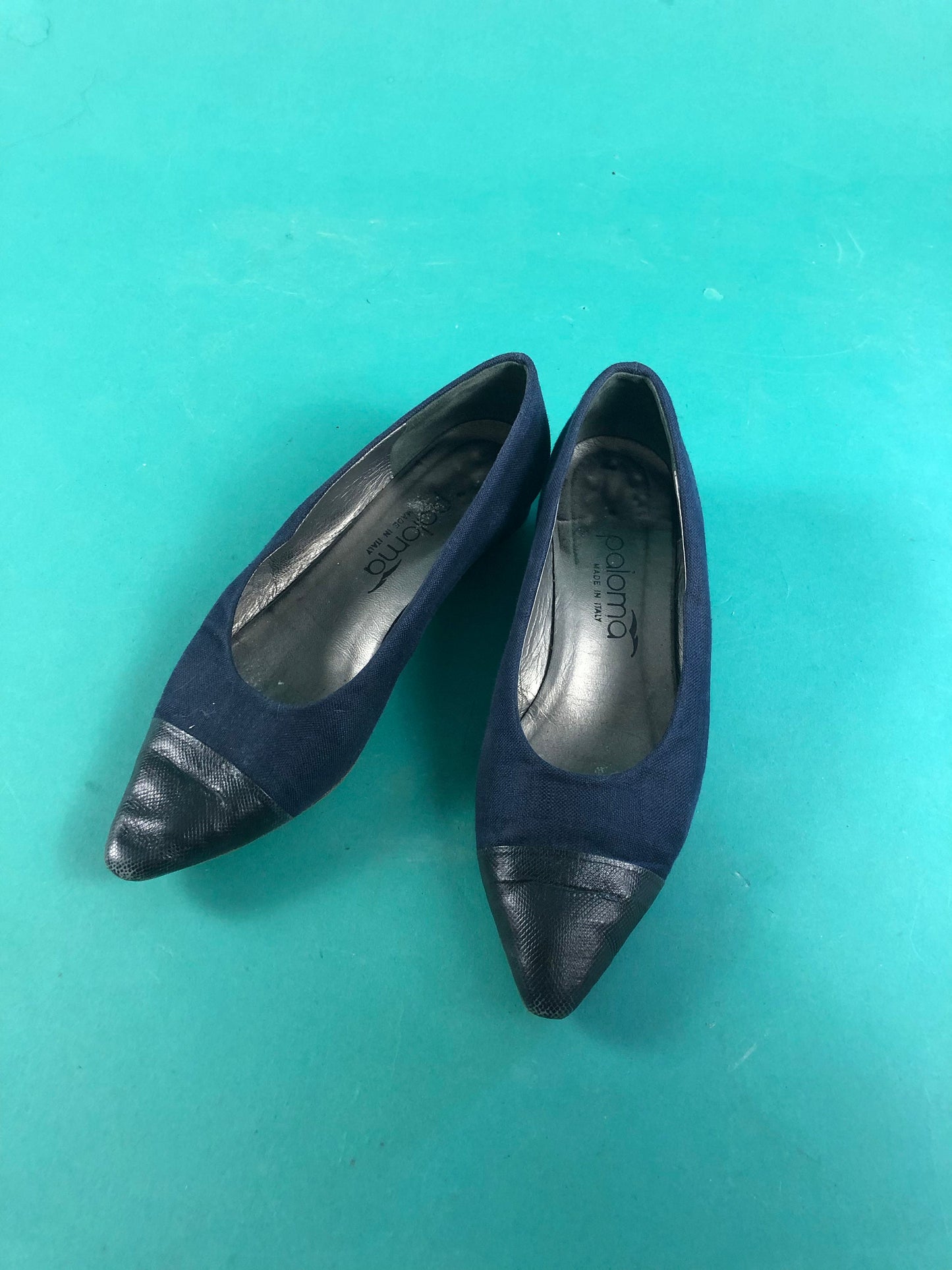 Navy Canvas Square Heeled Vintage 80s Italian Paloma Slip On Pointed Toe Loafers size 7
