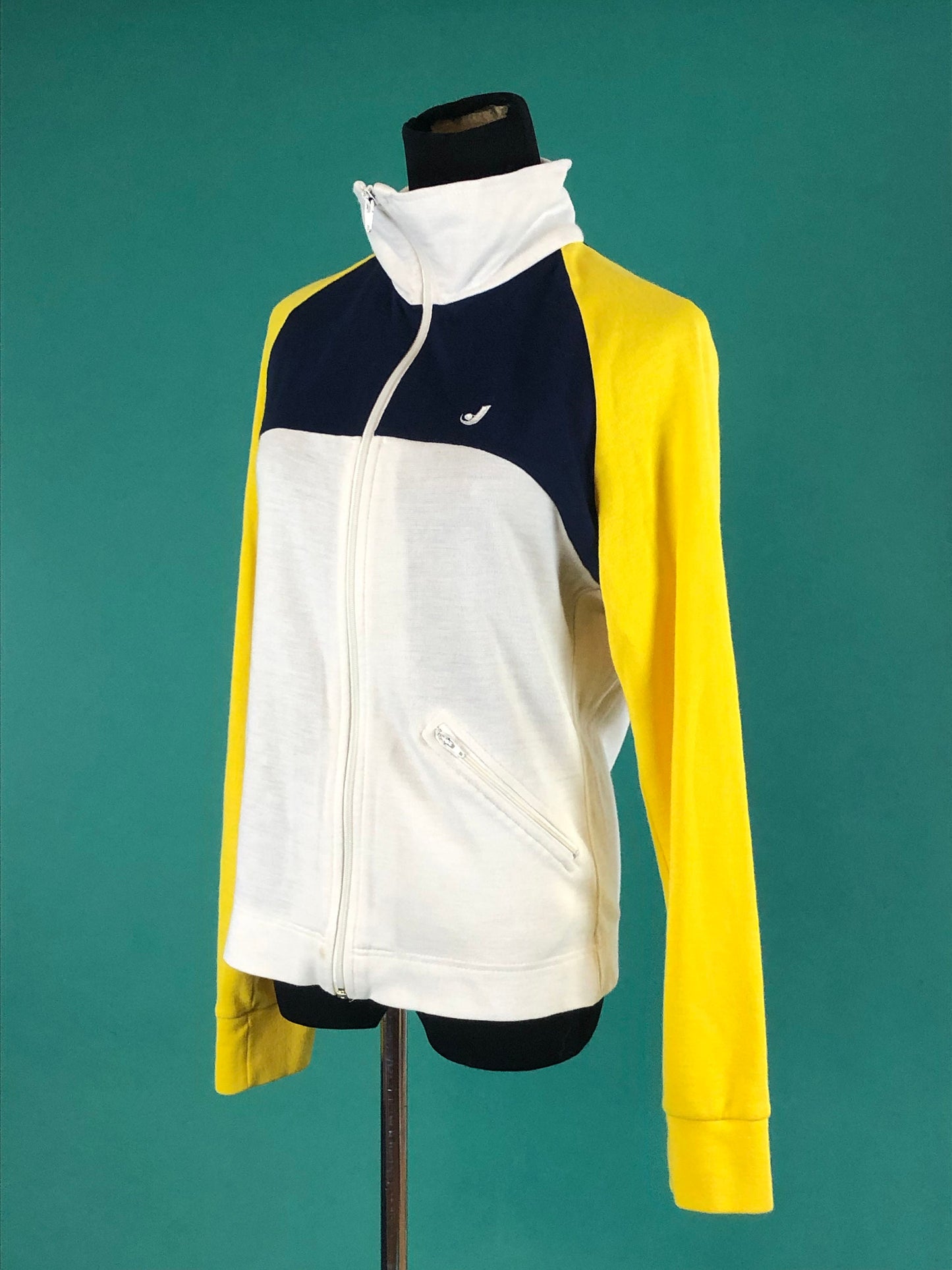 Blue Yellow and White Zip Up Jantzen Vintage 70s Athletic Cotton Warm Up Track Jacket size Medium