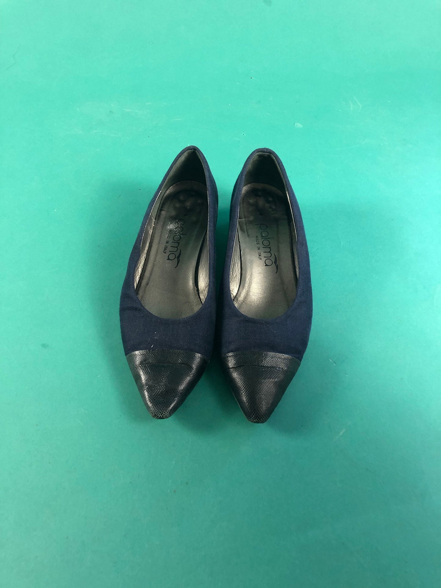 Navy Canvas Square Heeled Vintage 80s Italian Paloma Slip On Pointed Toe Loafers size 7