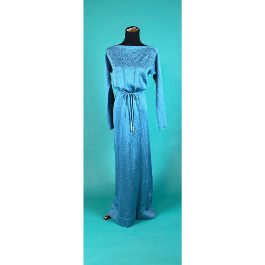 Teal Knit Boat Neck Vintage 70s Bell Sleeve Fitted Banff Gianni Ferri Hong Kong Long Casual Dress size 12