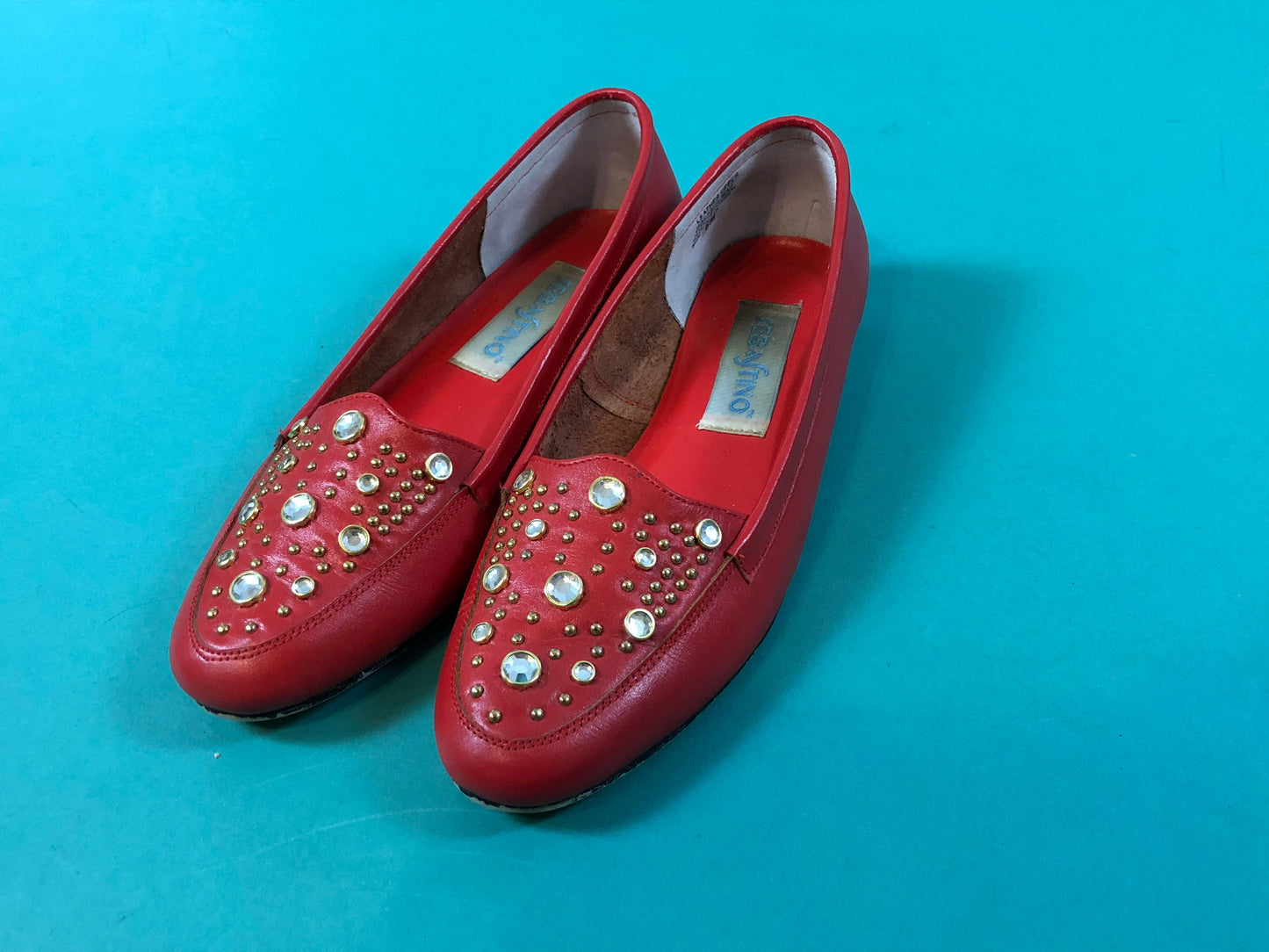 Rhinestone Red Leather Vintage 80s Sebastino Holiday Christmas Slip on Loafers size 6