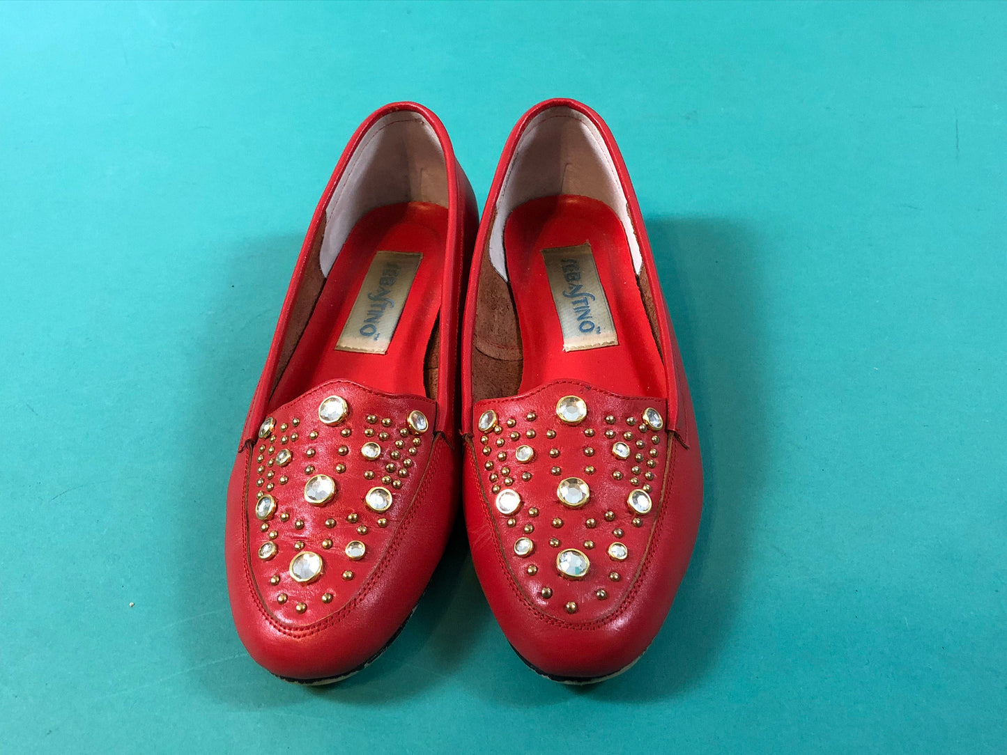 Rhinestone Red Leather Vintage 80s Sebastino Holiday Christmas Slip on Loafers size 6