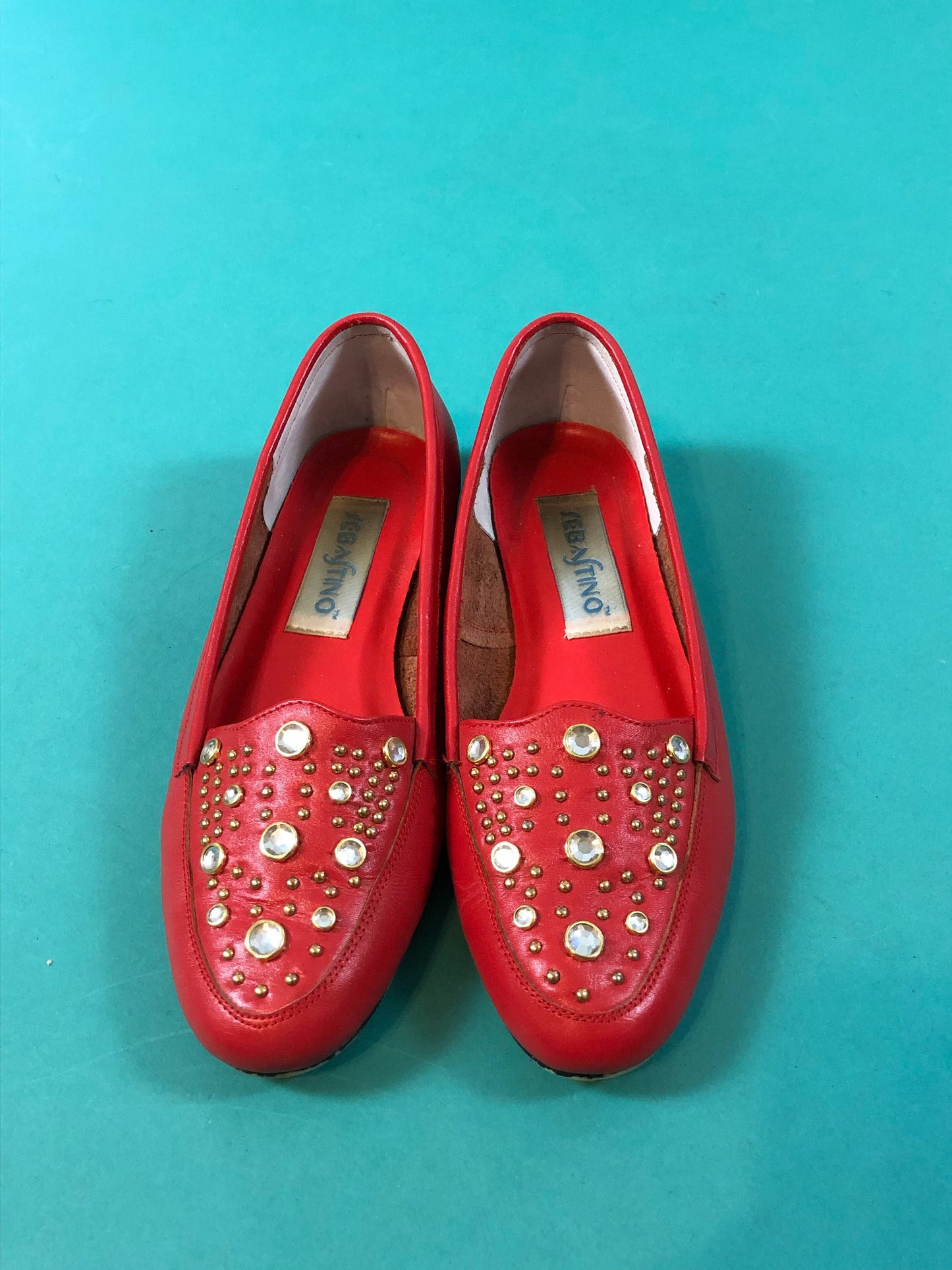 Rhinestone Red Leather Vintage 80s Sebastino Holiday Christmas Slip on Loafers size 6
