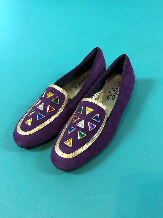 Royal Purple Colorful Triangle Rhinestone Vintage 80s 90s Soft Sofwear Slip On Loafers size 6N