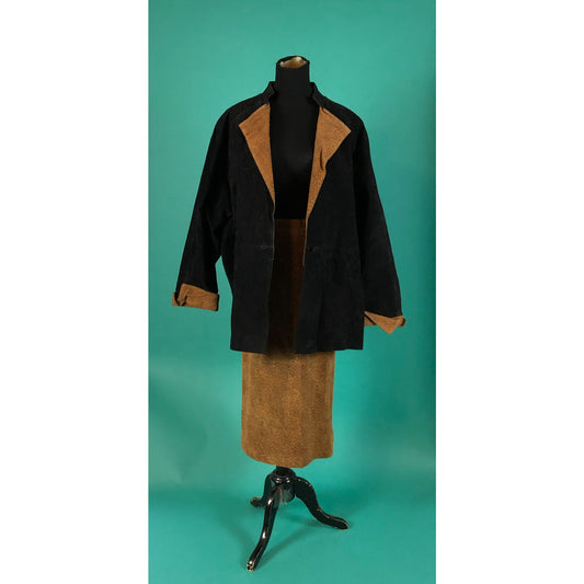 Suede Cheetah Animal Print Vintage 80s Two Piece Skirt Set Batwing Jacket High Waisted Skirt CBO New York size 20