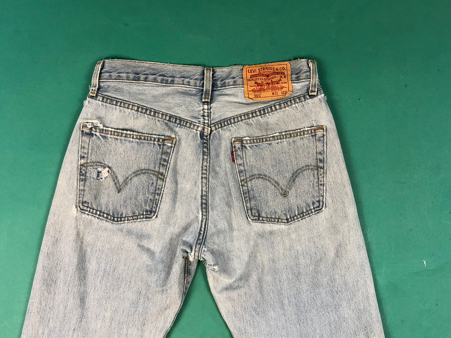 Light Wash Levi 501s Thrashed Made in USA Vintage 90s Relaxed Boyfriend Low Rise Grunge Denim Jeans 31 Waist