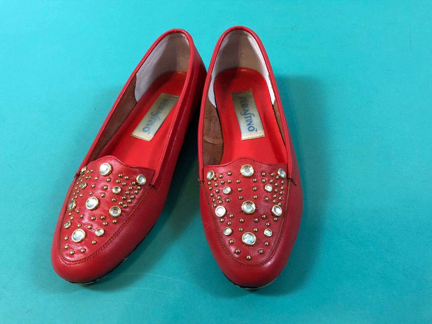 Rhinestone Red Leather Vintage 80s Sebastino Holiday Christmas Slip on Loafers size 6
