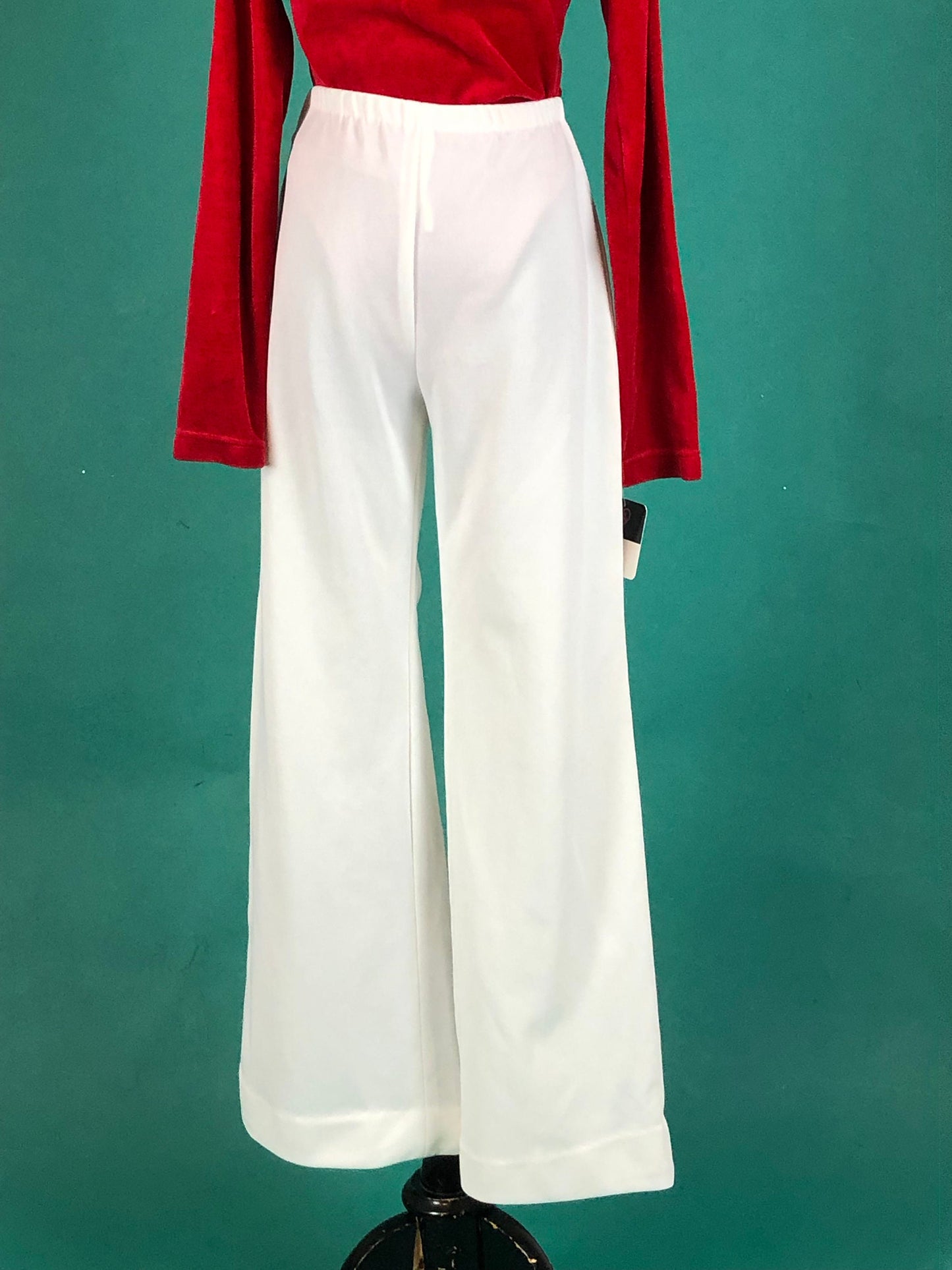White Mid Rise Retro Vintage 60s 70s Elastic Waist Curvy Wide Leg Bell Bottom Hip Hugger Slack Pants size Medium