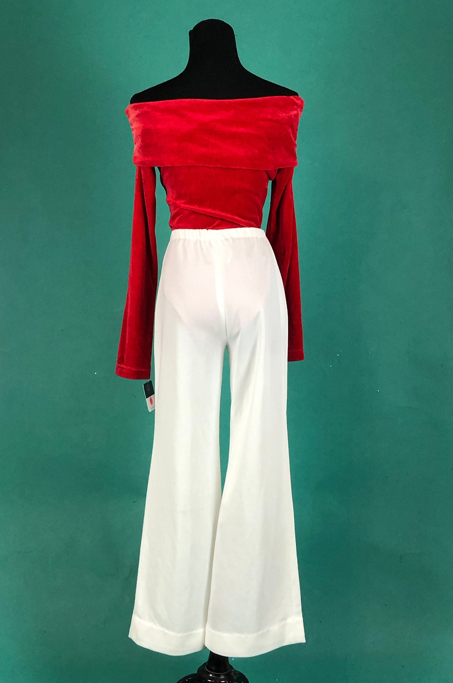 White Mid Rise Retro Vintage 60s 70s Elastic Waist Curvy Wide Leg Bell Bottom Hip Hugger Slack Pants size Medium