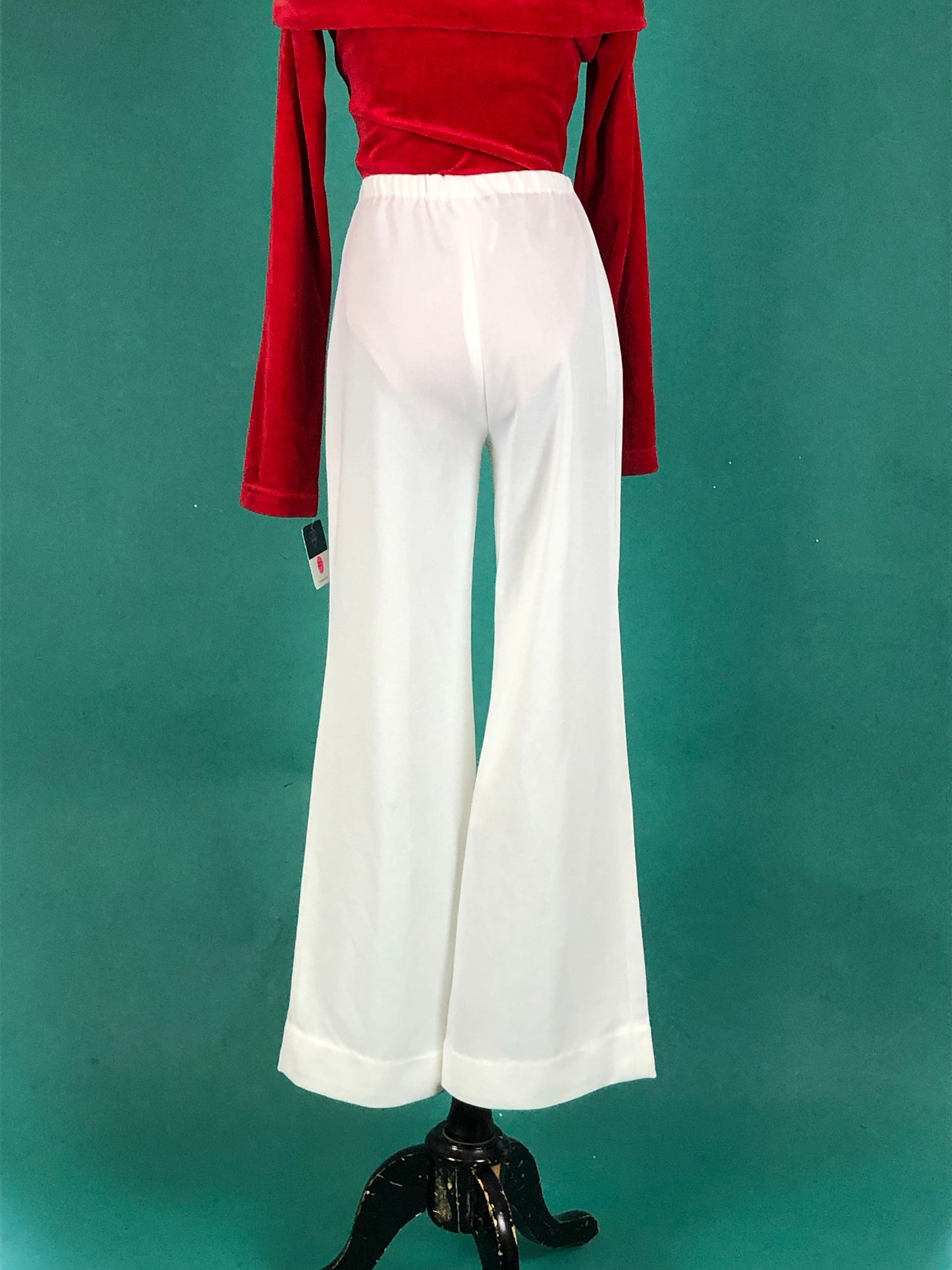 White Mid Rise Retro Vintage 60s 70s Elastic Waist Curvy Wide Leg Bell Bottom Hip Hugger Slack Pants size Medium