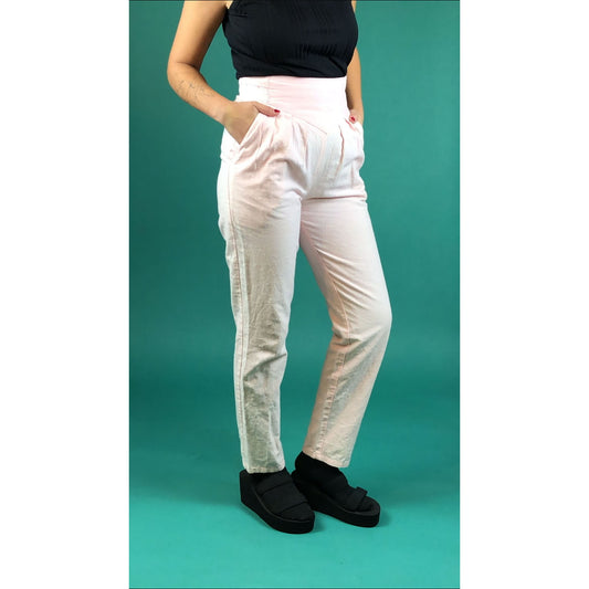 Vintage 1980s 80s Linen High Waisted Baby Pink Pastel Pleated Pegged Cigarette Trouser Pant Bottoms Small S