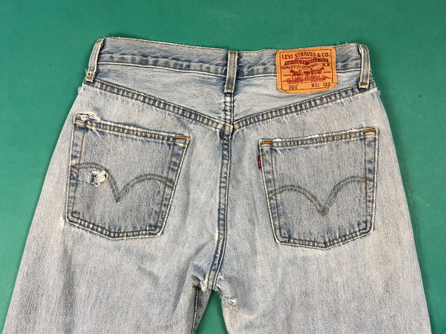 Light Wash Levi 501s Thrashed Made in USA Vintage 90s Relaxed Boyfriend Low Rise Grunge Denim Jeans 31 Waist