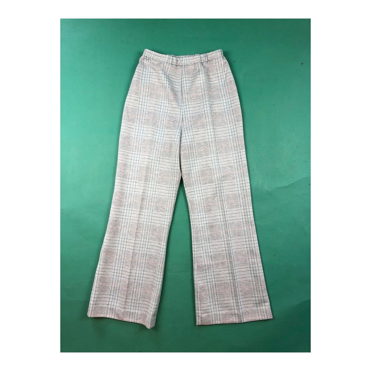 Light Blue Plaid Wide Leg Vintage 60s 70s Polyester Curvy Retro Pleated Pants