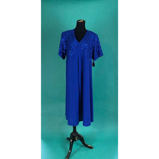 Kelly Blue Sequins V Neck Volup Vintage 80s Short Sleeve Formal Empire Waist A Line Dress size XL