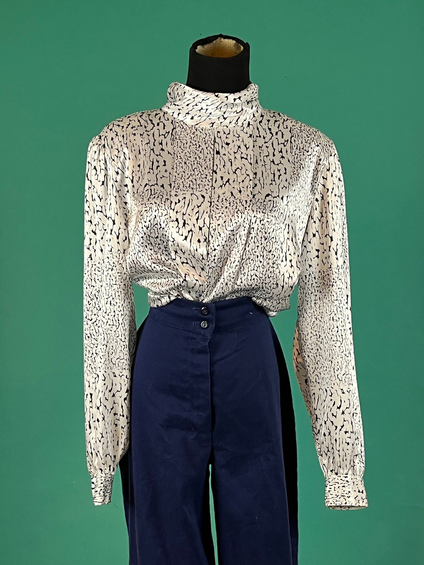 Marble Mock Neck Vintage 80s Long Sleeve Pleated Silky Barbara Karen Blouse size 16