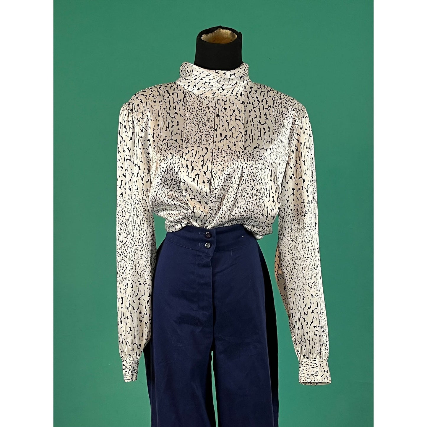 Marble Mock Neck Vintage 80s Long Sleeve Pleated Silky Barbara Karen Blouse size 16