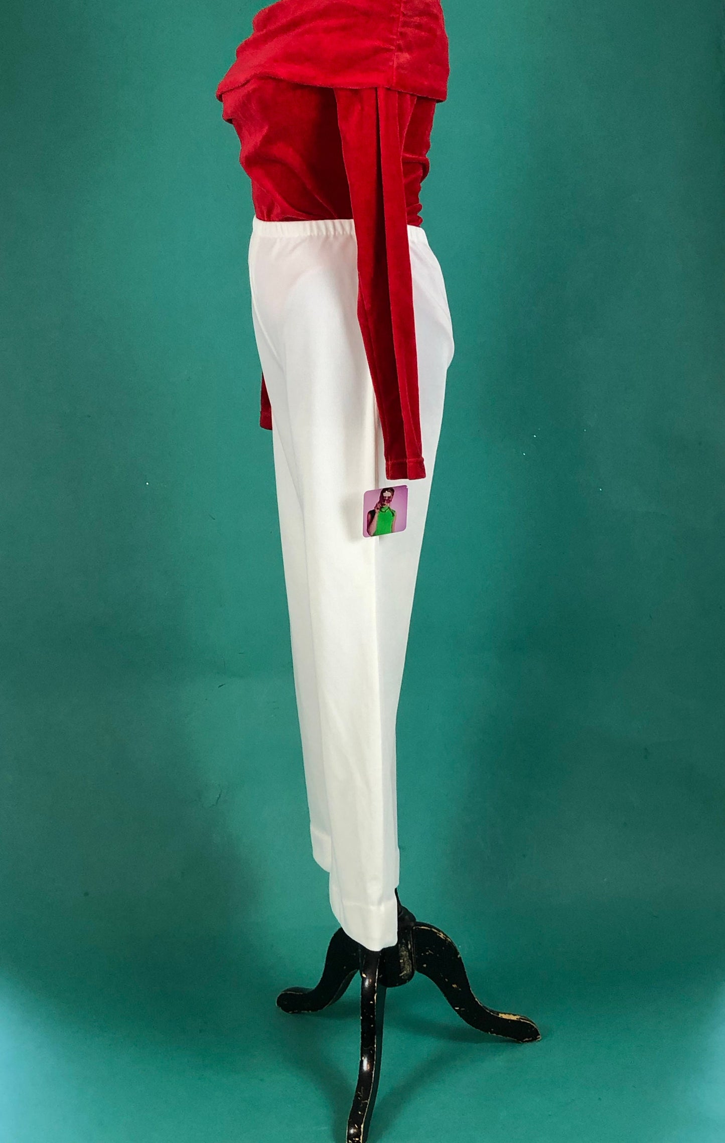 White Mid Rise Retro Vintage 60s 70s Elastic Waist Curvy Wide Leg Bell Bottom Hip Hugger Slack Pants size Medium