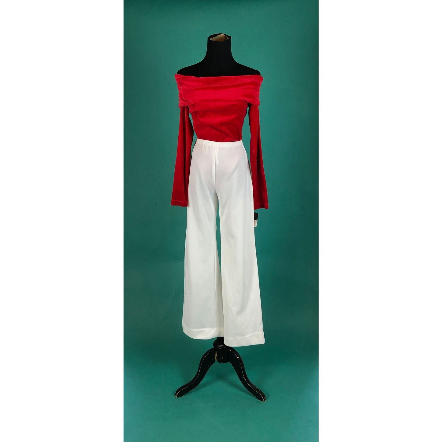 White Mid Rise Retro Vintage 60s 70s Elastic Waist Curvy Wide Leg Bell Bottom Hip Hugger Slack Pants size Medium