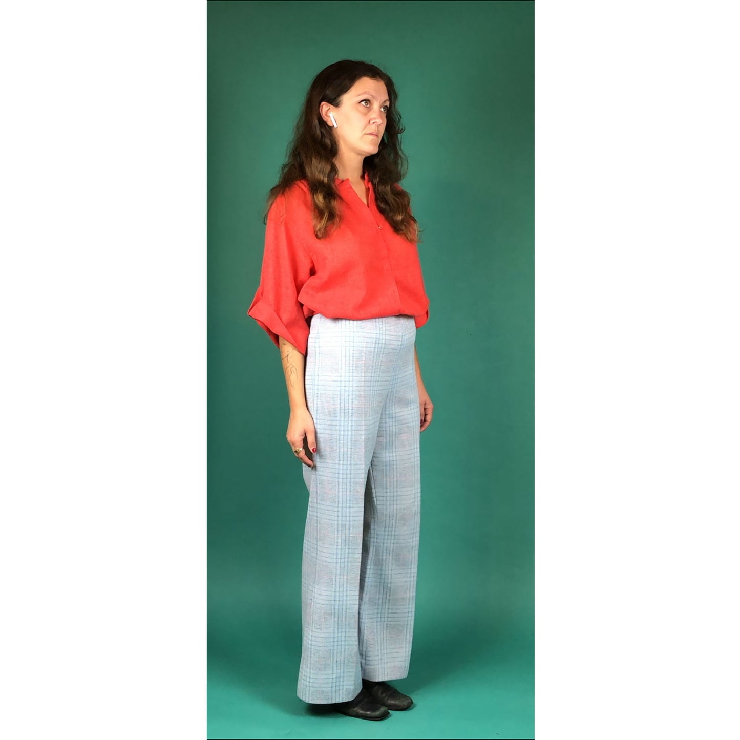 Light Blue Plaid Wide Leg Vintage 60s 70s Polyester Curvy Retro Pleated Pants