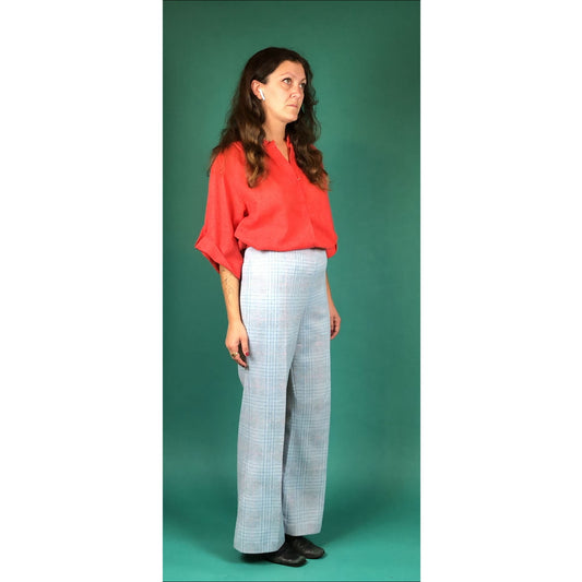 Light Blue Plaid Wide Leg Vintage 60s 70s Polyester Curvy Retro Pleated Pants