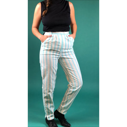 Vintage 1970s 70s Baby Blue and White Striped Rock n Roll Beatnik High Waisted Pegged Cropped Riding Pocketed Cigarette Pants Extra Small