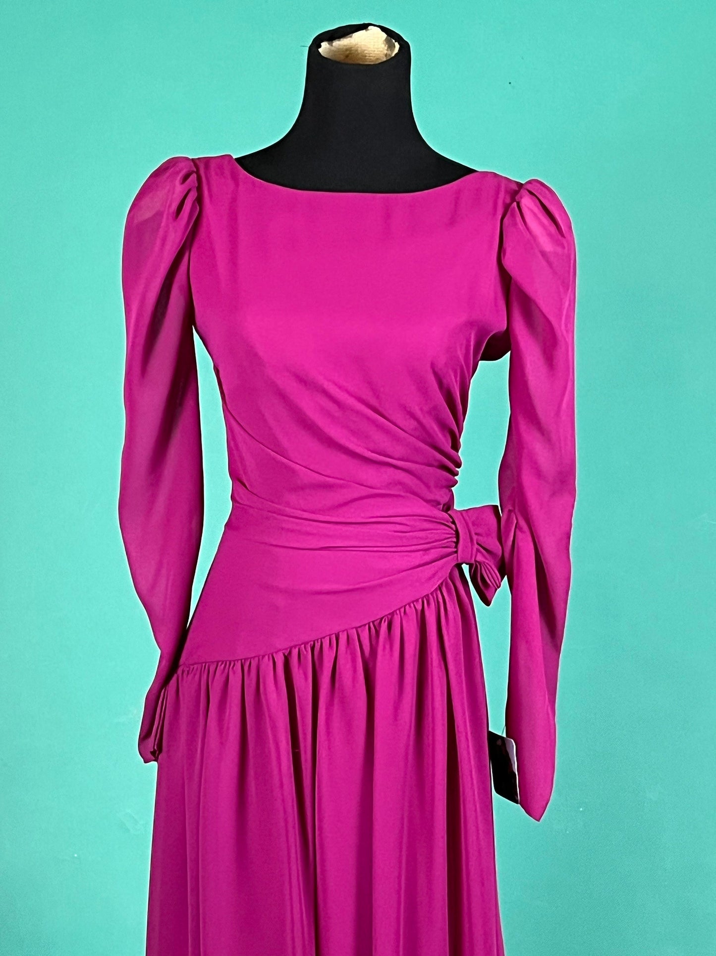 Raspberry Plunge V Open Back Vintage 80s House of Bianchi Sheer Long Sleeve Drop Asymmetrical Waist Midi Dress size 6