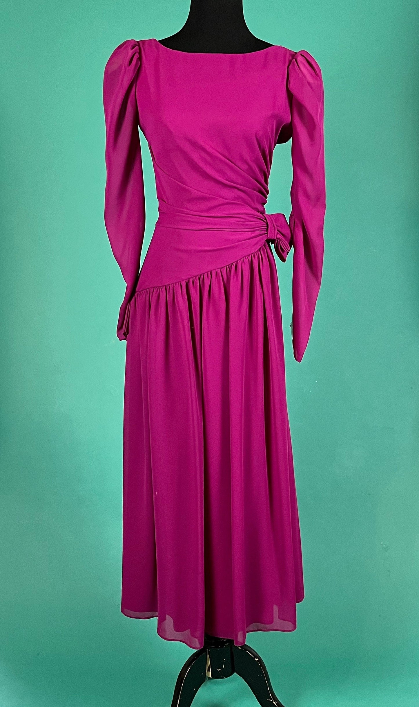 Raspberry Plunge V Open Back Vintage 80s House of Bianchi Sheer Long Sleeve Drop Asymmetrical Waist Midi Dress size 6