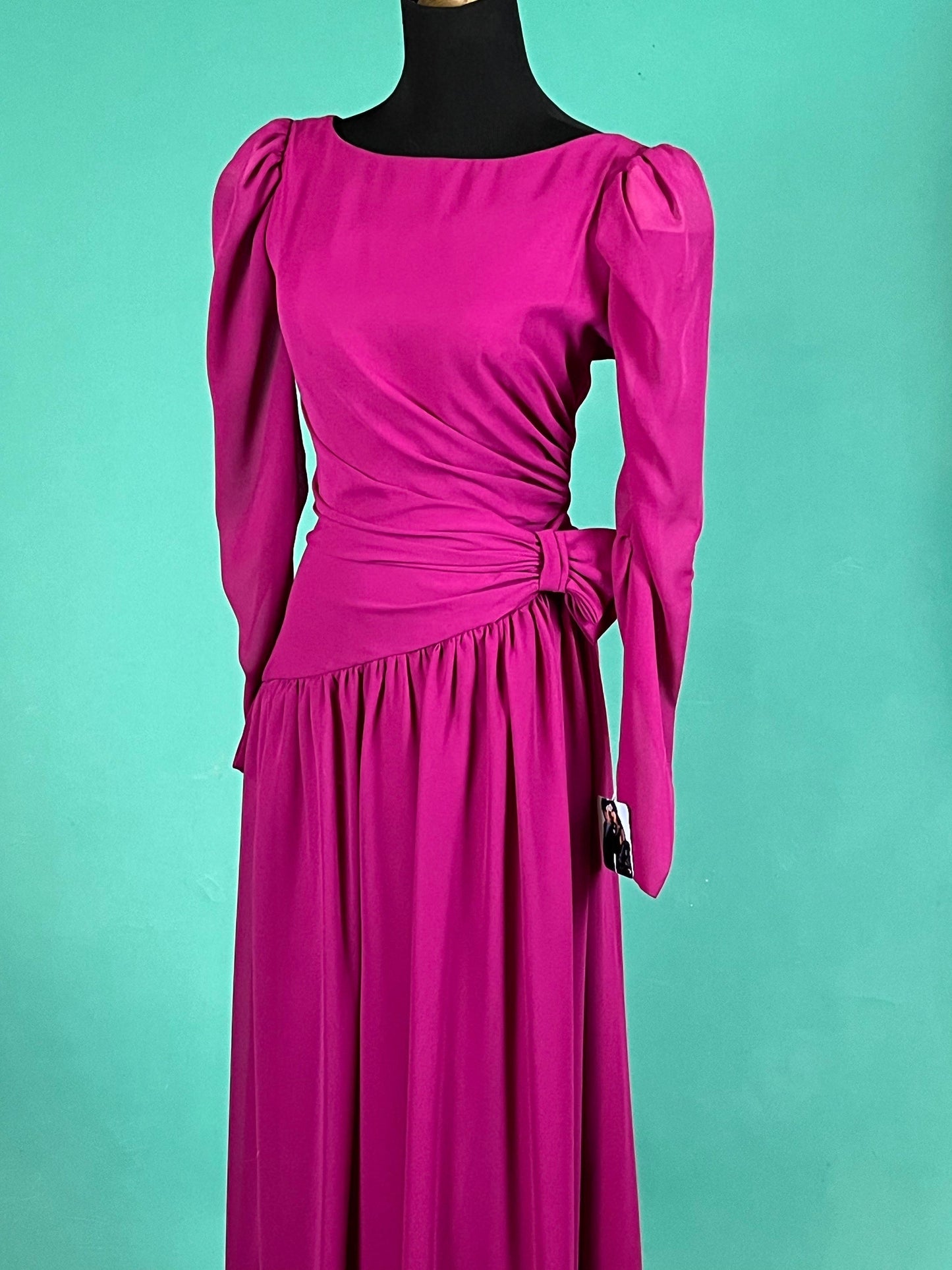 Raspberry Plunge V Open Back Vintage 80s House of Bianchi Sheer Long Sleeve Drop Asymmetrical Waist Midi Dress size 6