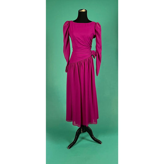 Raspberry Plunge V Open Back Vintage 80s House of Bianchi Sheer Long Sleeve Drop Asymmetrical Waist Midi Dress size 6