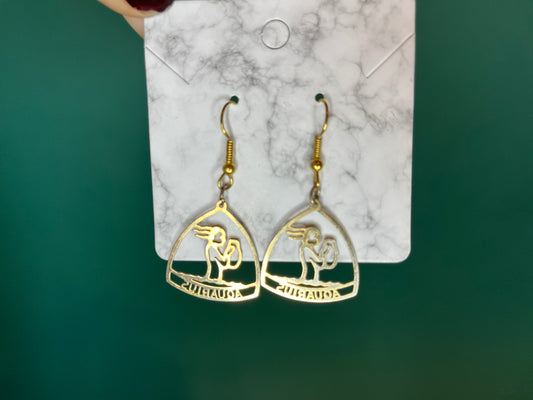 Metal Gold 70s Vintage Zodiac Aquarius Dangle Hook Earrings