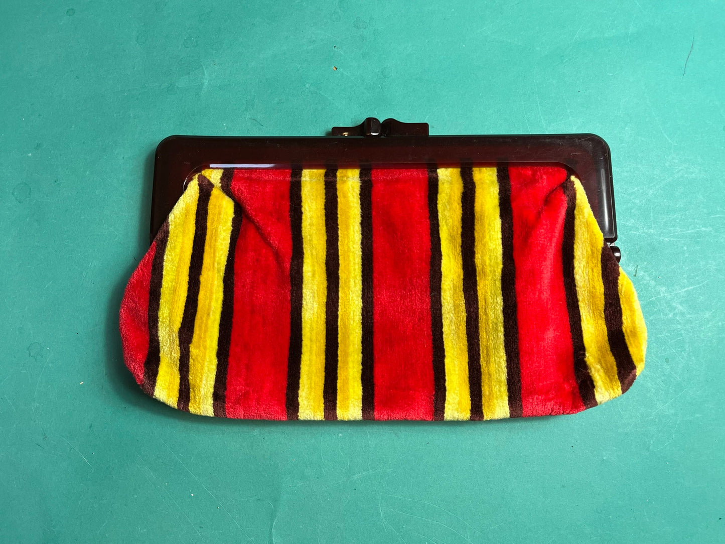 Vintage 1970s Bright Striped Carpet Retro Snap Clutch Purse