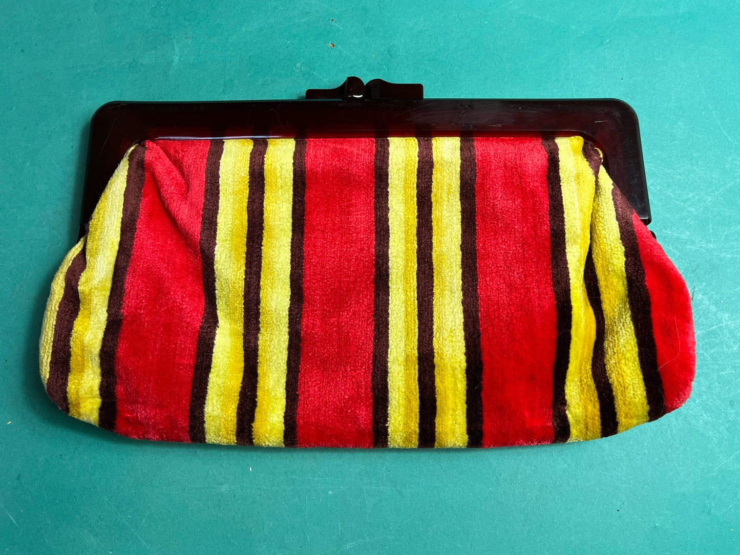 Vintage 1970s Bright Striped Carpet Retro Snap Clutch Purse